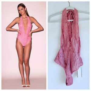 NWT Fleur du Mal Charlotte Halter Lace Ribbon Tie Teddy in Pink Cadillac Size M